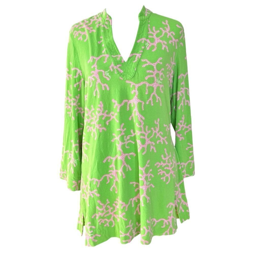 Lilly Pulitzer Joy Green Pink Coral Me Crazy Colorful Pullover Tunic Top. Medium